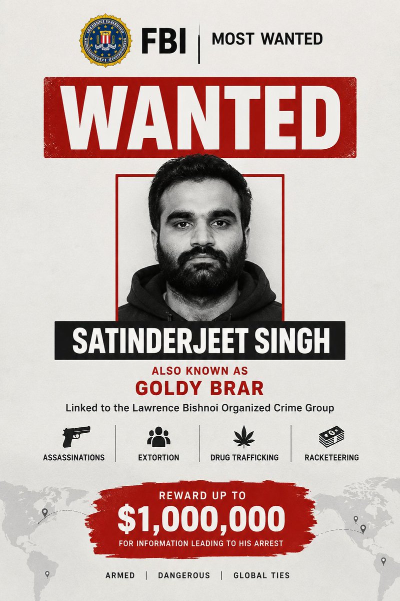 itsmeleenaaaa's tweet photo. From India-linked criminal networks to the FBI’s Ten Most Wanted list, the global reach of organized crime is becoming harder to ignore. Goldy Brar is now wanted with a reward of up to $1 million.

#GoldyBrar #FBI #India #Pakistan https://t.co/gsgc2xoW5w