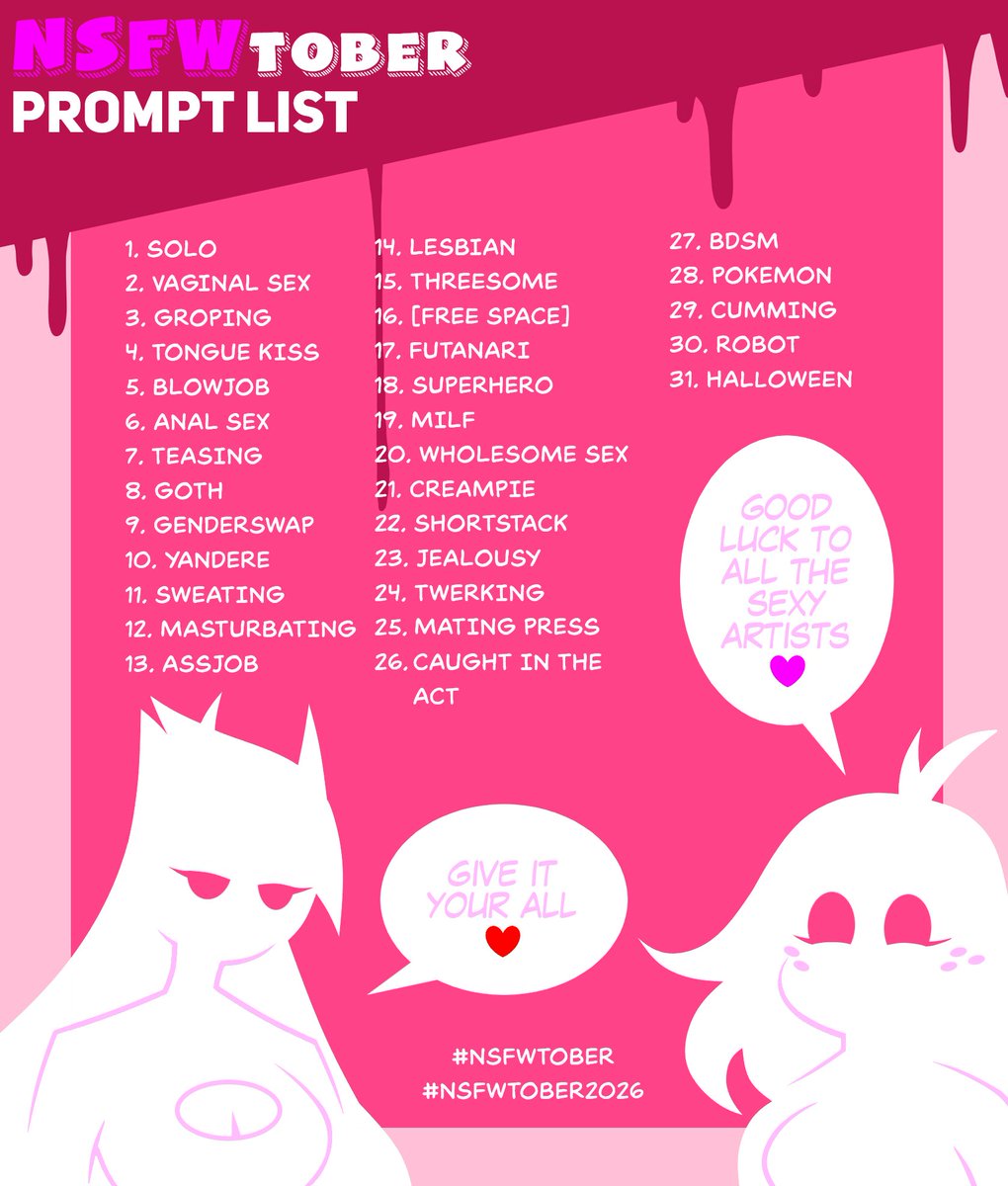 Mistercherryart's tweet photo. Created a prompt list for this year's NSFWtober! Go on and have at it, goats! 💕
#nsfwtober #nsfwtober2026 https://t.co/MCLyQjQvi7