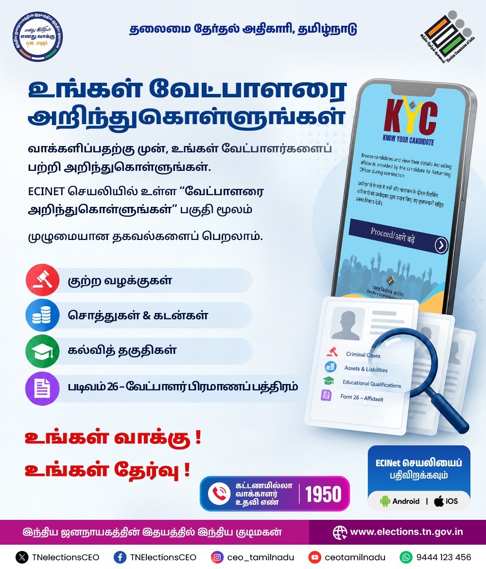 ElectionDPI's tweet photo. உங்கள் வேட்பாளரை அறிந்து கொண்டு வாக்களியுங்கள்.

ECINET செயலியைப் பதிவிறக்கம் செய்து, “வேட்பாளரை அறிந்துகொள்ளுங்கள்” பகுதியின் மூலம் வேட்பாளர் குறித்த முழுமையான தகவல்களை அறிந்துகொள்ளுங்கள். https://t.co/kO5yezWtdn