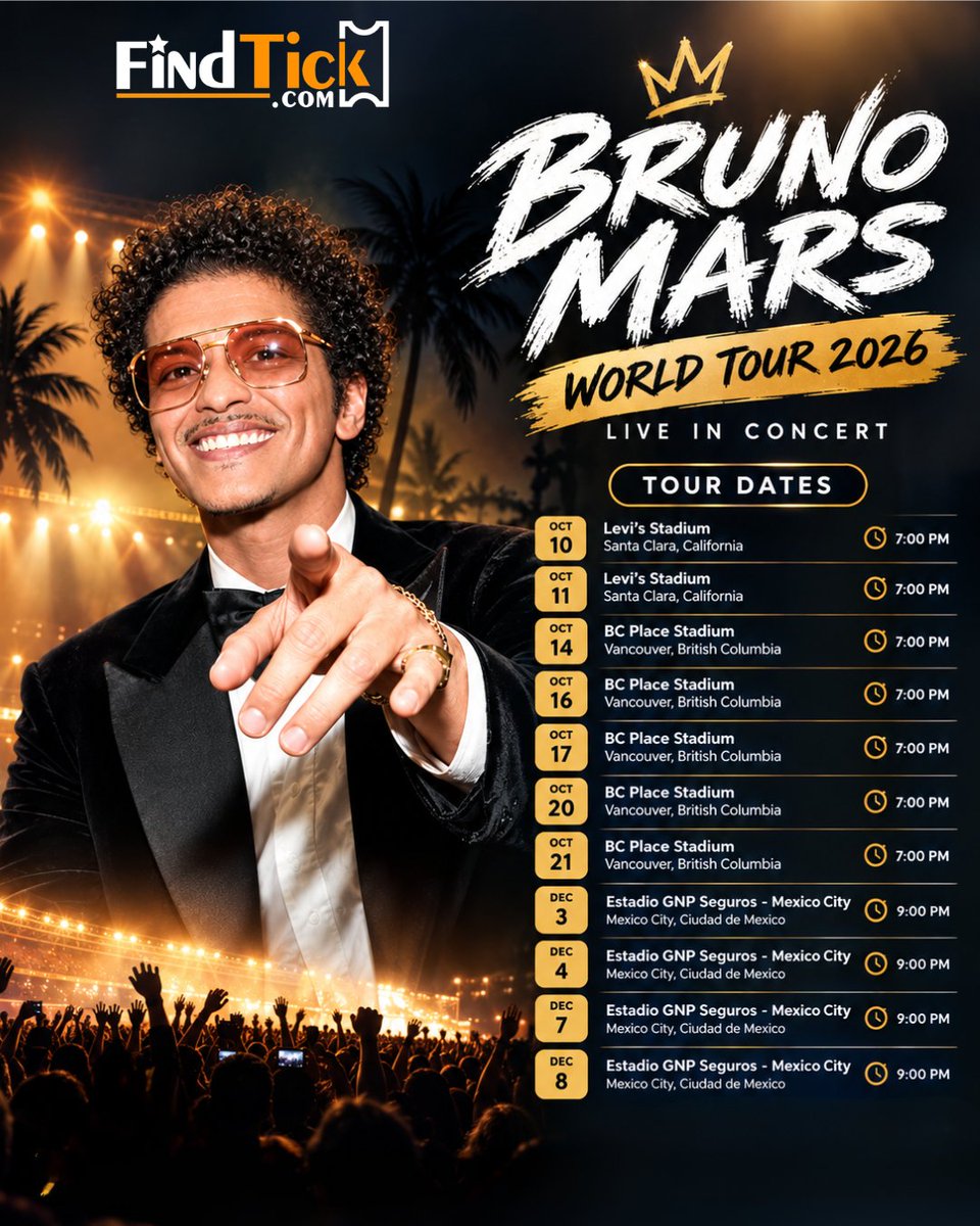 Findtickoffical's tweet photo. @BrunoMars  – Tour 2026 🎤✨
⠀
Smooth vocals, funk-pop grooves, unforgettable hits, and high-energy live showmanship return in 2026.
⠀
🎟️ Find your tickets with FindTick.
https://t.co/oQGHPKq9s5

#brunomars #popmusic #liveconcert #findtick https://t.co/G6Y4mMmdj5