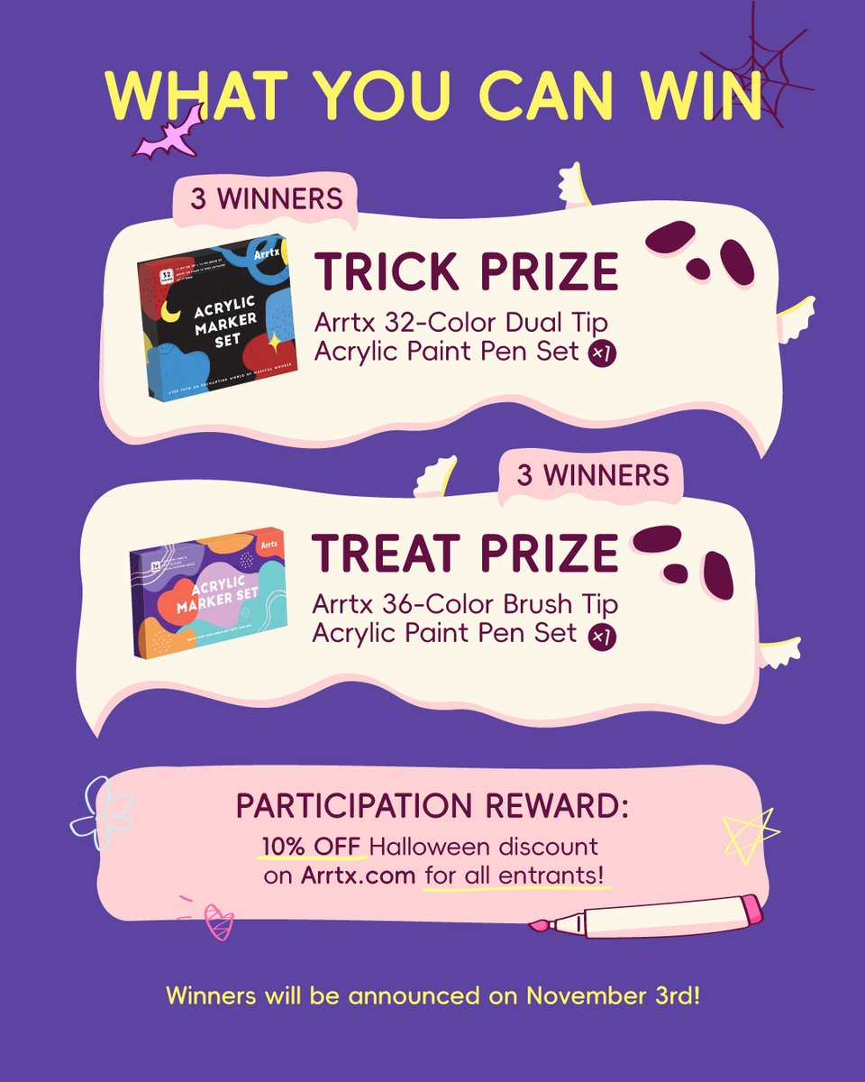 ArrtxArt's tweet photo. 🎃 Trick or Treat? The choice is yours!
Join the Arrtx Halloween Coloring Challenge! 👻🎨
Pick #Trick or #Treat and show us your Halloween creativity!
📲 Join the challenge on Instagram @arrtxart
📅 Oct 2–31
🏆 6 winners
Which side will you choose? 👀✨
#arrtxhalloween https://t.co/lNk8KTRDkW
