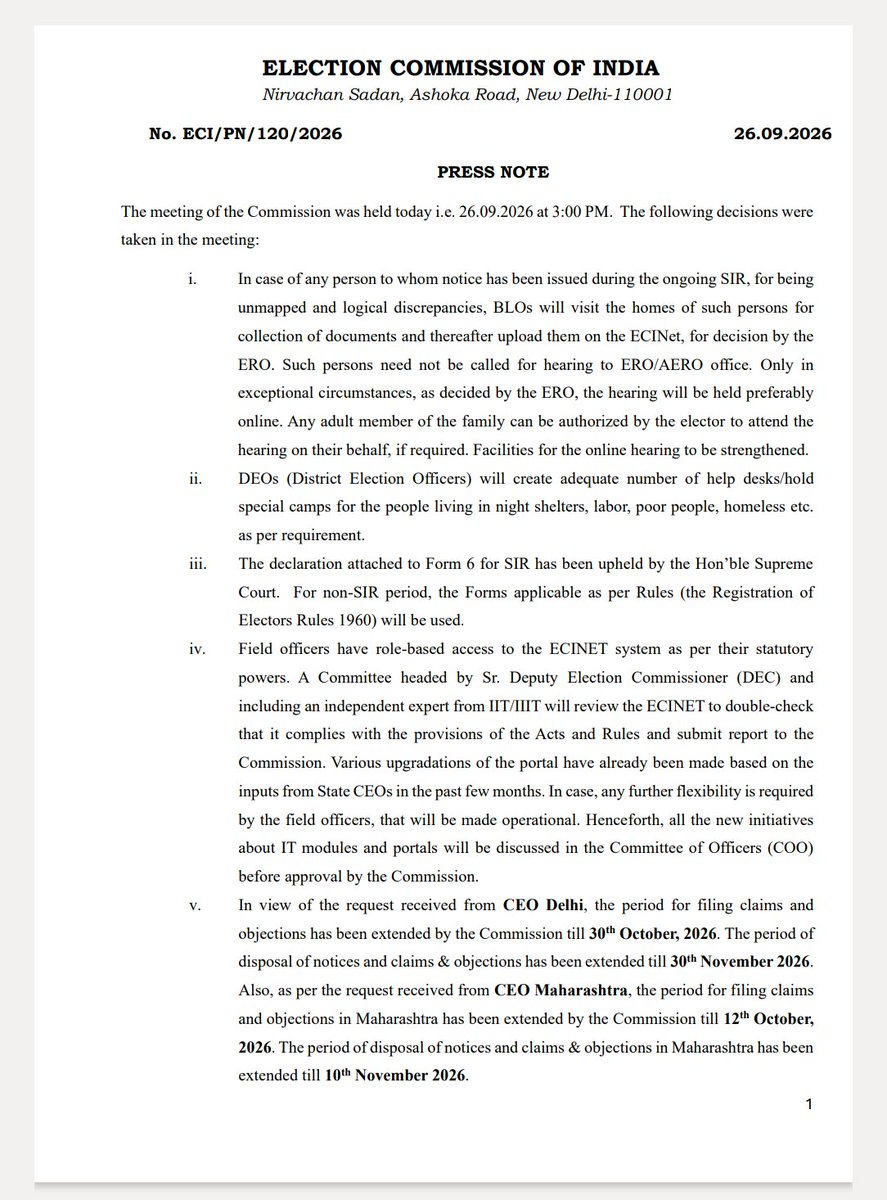 ElectionDPI's tweet photo. A meeting of the Election Commission of India was held today, 26 September 2026, at 3:00 PM at Nirvachan Sadan, New Delhi.

Chief Election Commissioner Shri Gyanesh Kumar and Election Commissioners Dr. Sukhbir Singh Sandhu and Dr. Vivek Joshi were present in today’s meeting. https://t.co/uiqidu6rFV