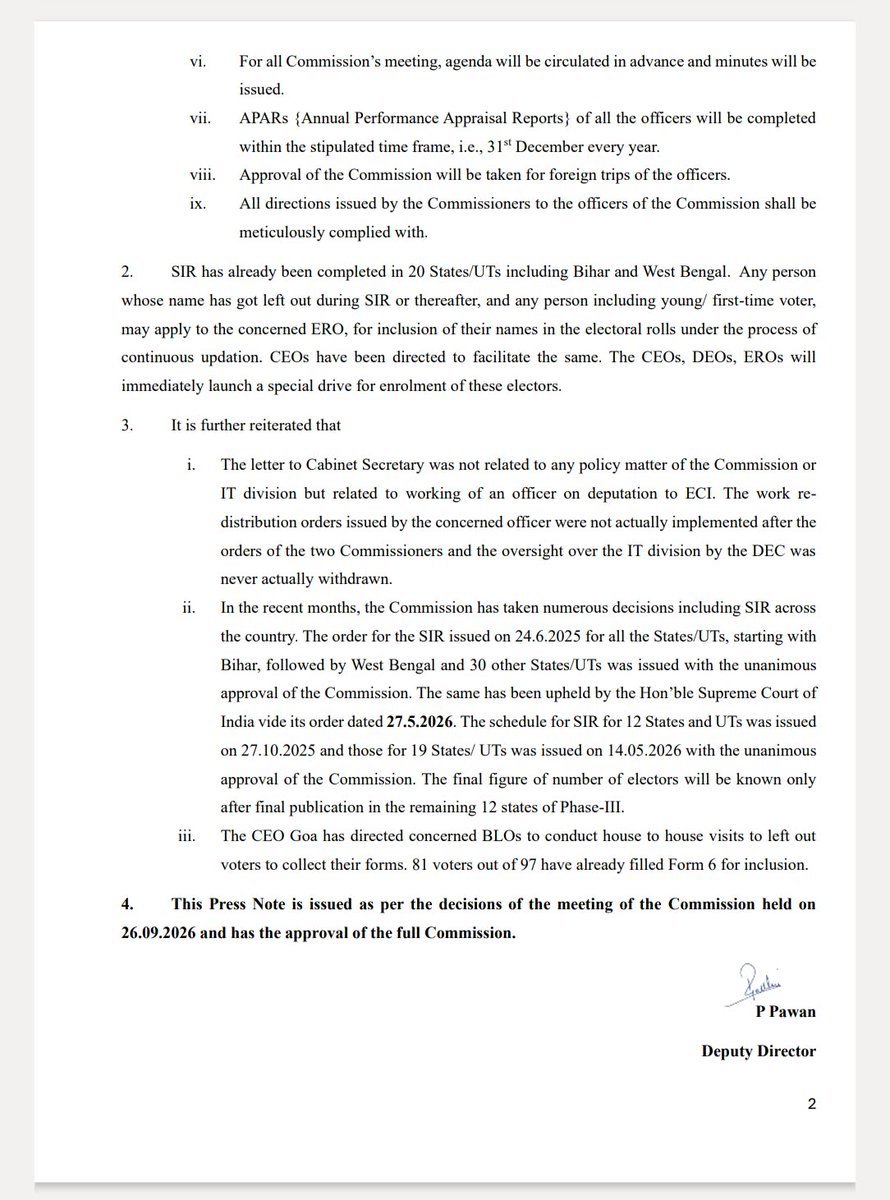 ElectionDPI's tweet photo. A meeting of the Election Commission of India was held today, 26 September 2026, at 3:00 PM at Nirvachan Sadan, New Delhi.

Chief Election Commissioner Shri Gyanesh Kumar and Election Commissioners Dr. Sukhbir Singh Sandhu and Dr. Vivek Joshi were present in today’s meeting. https://t.co/uiqidu6rFV