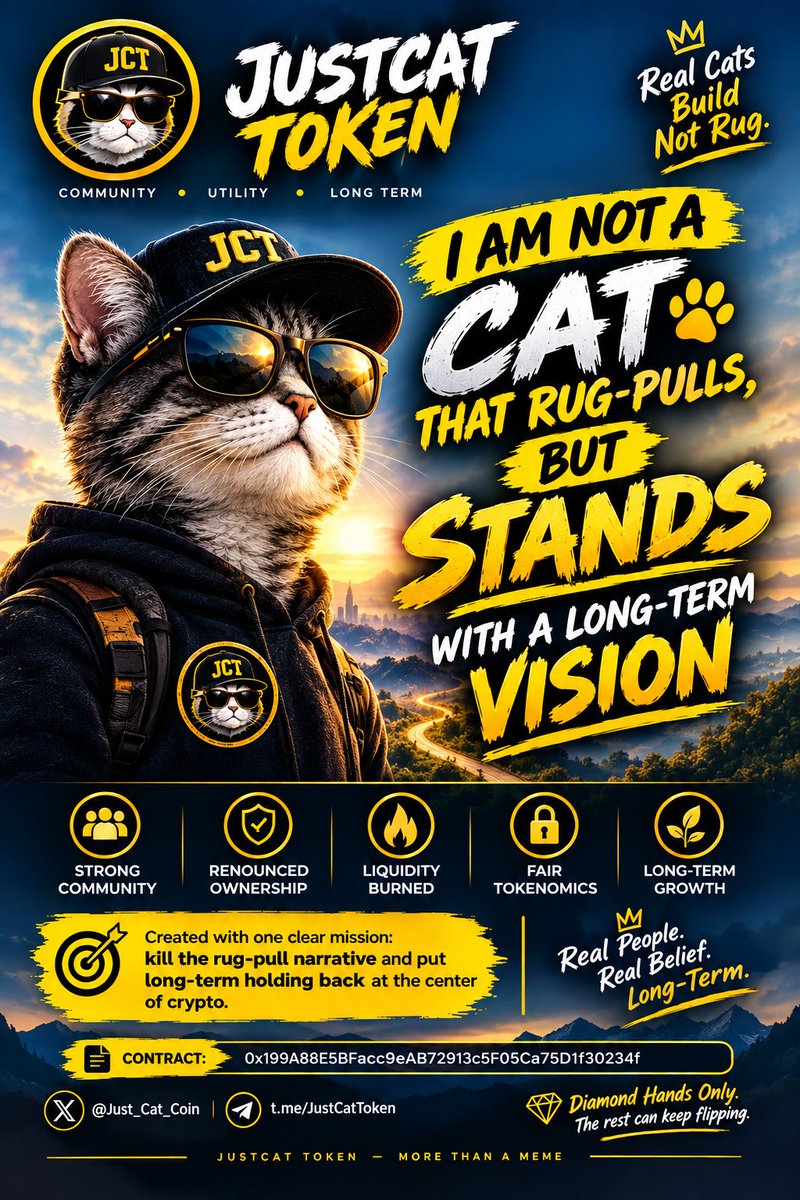 EmmanuelJCT's tweet photo. While the market chases 5-minute pumps, $JCT is focused on something different: building for the long term.

No empty promises. No hype cycle. No rug pulls. Just a community built around conviction, holding, and a long-term vision.

$JCT — Real Cats Build, Not Rug. 🐱💎

Contract Address 0x199A88E5BFacc9eAB72913c5F05Ca75D1f30234f

Diamond hands only. The rest can keep flipping.

$JCT TO THE MOON @Just_Cat_Coin