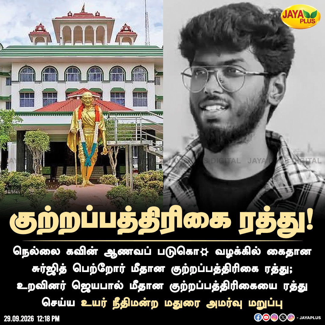 jayapluschannel's tweet photo. குற்றப்பத்திரிகை ரத்து!
#NellaiKavinCase #KavinCase #Surjith #SurjithParents #Jayapal #MaduraiBench #MaduraiHighCourt #Tirunelveli #JayaPlus https://t.co/HpZT2GIWiH