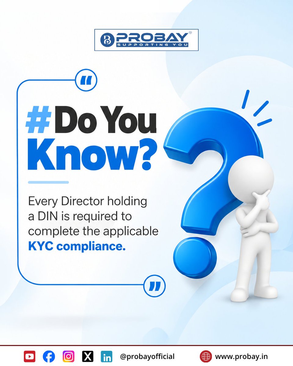 ProbayOfficial's tweet photo. #DoYouKnow

Every Director holding a DIN is required to complete the applicable KYC compliance.

Want to know the process and due date?

Visit https://t.co/RxmE77C5Ms for more details.

📞 84474 52345 | 72918 12345

#PROBAY #MCA #DIR3KYC #DirectorKYC #CompanyCompliance https://t.co/4UKpoh9PGv