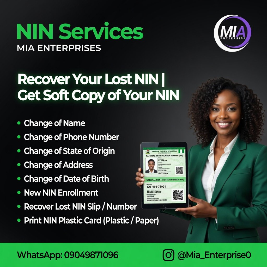 Mia_Enterprise0's tweet photo. The frustrating part about a NIN problem isn't always the problem itself.

Sometimes it's the uncertainty.

You don't know whether your details are correct.

You don't know why your NIN isn't validating.

You can't find your slip.

Your NIN is suspended.

You need a modification.

You've tried to resolve something before and you're still stuck.

And every time the issue comes up, you tell yourself:

“I'll deal with it when I have time.”

But the need doesn't disappear.

It simply waits for the next application, verification, registration, account-related process or official requirement to bring it back to your attention.

That's why you shouldn't ignore a NIN issue you already know exists.

At MIA ENTERPRISES & CONSULTING LTD, we assist with various NIN-related services, including:

• NIN registration 
• Retrieval & reprint
• Modification
• Validation & verification
• Suspended NIN-related issues
• BVN/NIN resolution
• NIN slip processing
• Plastic NIN card processing

You don't have to keep guessing what to do next.

Tell us the NIN issue you're dealing with.

We'll guide you on the appropriate process.

📩 Send a message to MIA ENTERPRISES & CONSULTING LTD today.