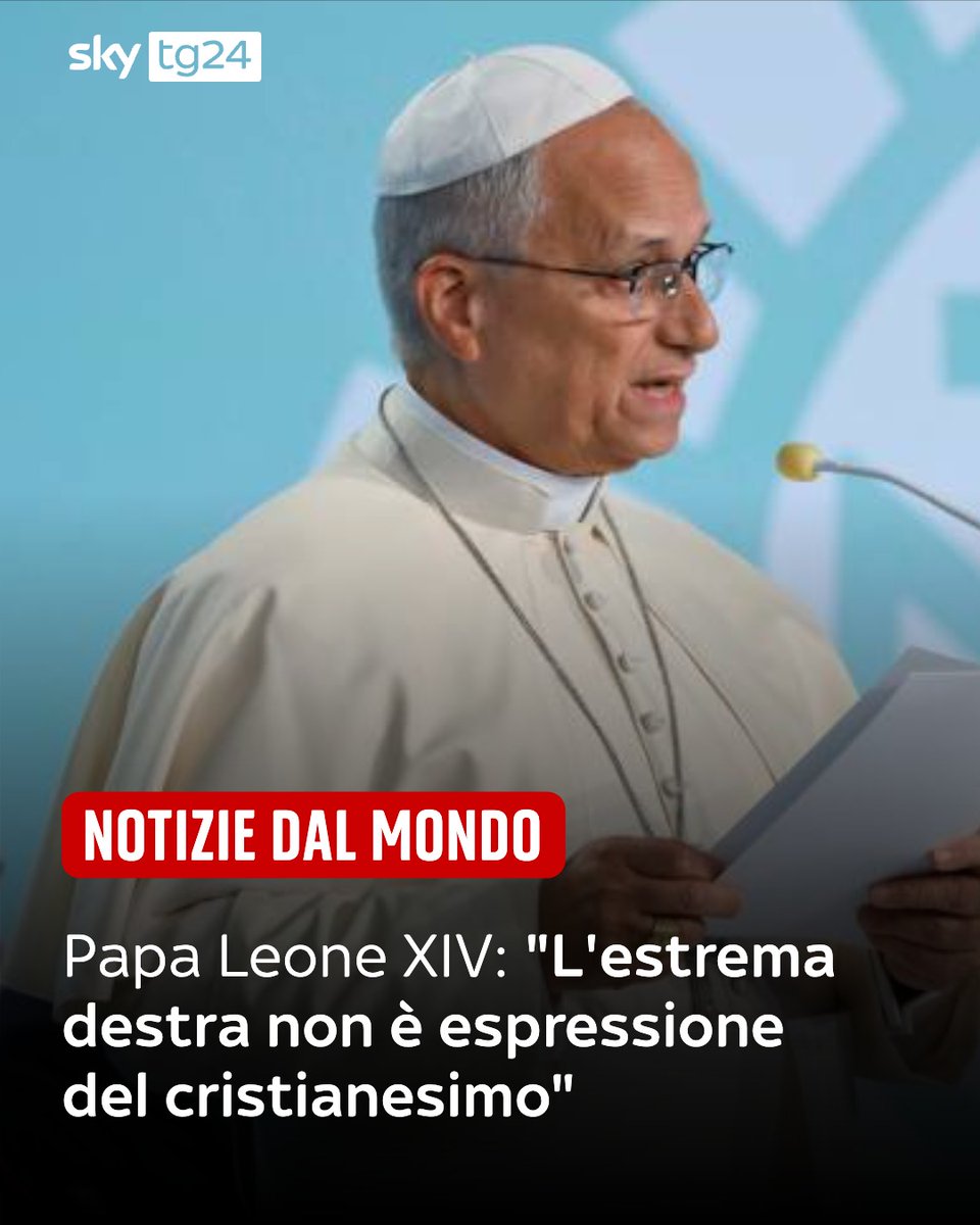 SkyTG24's tweet photo. "La crescita dei gruppi di estrema destra" vede "espressioni che combinano tali posizioni politiche con una certa forma di religiosità non rappresenta un'autentica espressione del cristianesimo", ha detto il Pontefice ➡️ https://t.co/VNC9vhnYgX https://t.co/Oqa4wBKIqK