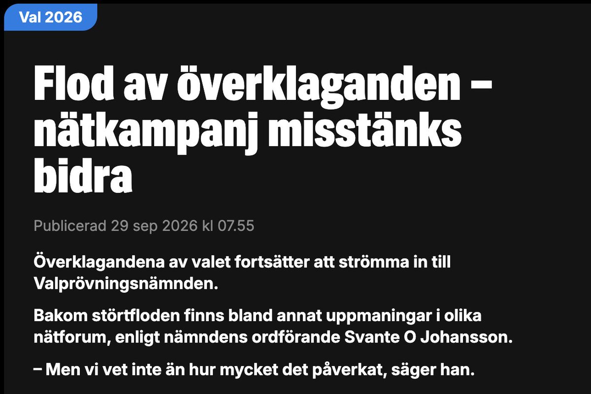 normbrytande's tweet photo. "Nätkampanj misstänks"

Undra vilken dom menar, eftersom det inte nämns. Istället gaslightar Expressen och Valprövningsnämndens ordförande överklagandet.

I artikeln tar Johansson fram exempel på irrelevanta anmälningar som inkommer, där han menar mycket är bristfälligt. 🧵👇🏻 https://t.co/GRFWiwNpZw