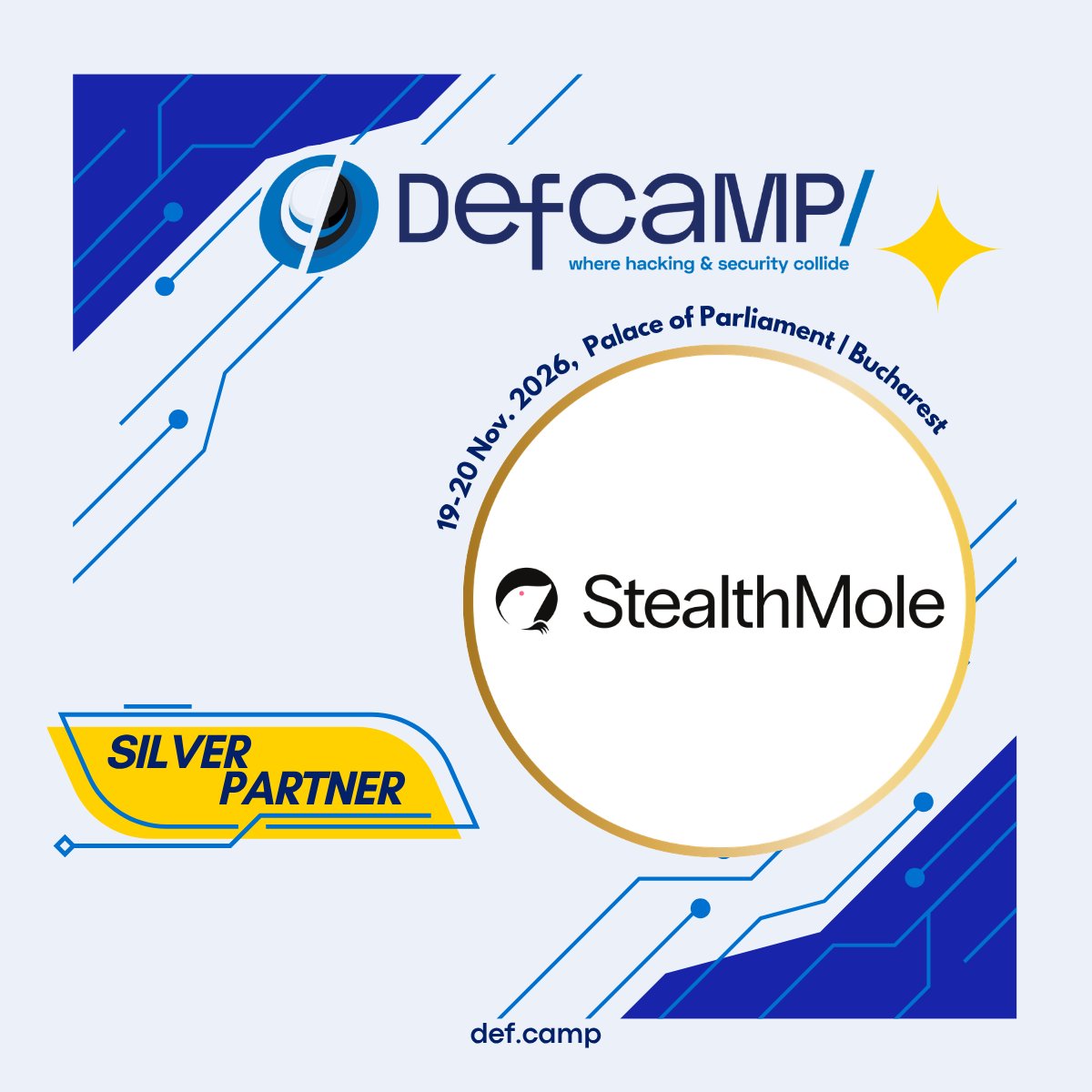 DefCampRO's tweet photo. 🤝 Meet the forces driving #DefCamp 2026: give a big welcome to @stealthmole_int, joining us as #SilverPartner for the first time ever! 💙 https://t.co/EI81v7IDCh