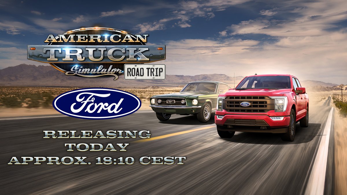 SCSsoftware's tweet photo. The Road Trip: @Ford DLC for American Truck Simulator will be released today at 18:10 CEST! 😍

Find out everything you need to know about the new DLC, as well as information about our release stream, in our blog post below! 🚗💨

Read more 👇
https://t.co/R15b9lNKlc https://t.co/Rxvtdi8DFW