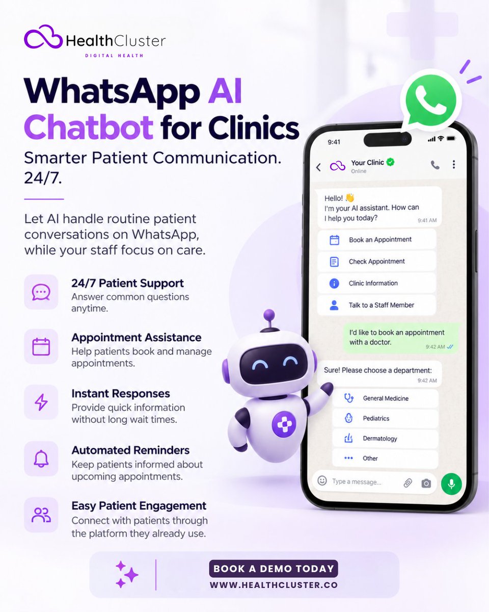 healthcluster1's tweet photo. A WhatsApp AI chatbot can handle routine conversations instantly, while your staff stays focused on what matters most, patient care.
🌐 https://t.co/BmnadN1Aa5
#AIInHealthcare #HealthcareAI #DigitalHealth #HealthTech #HealthcareInnovation #WhatsAppChatbot #HealthcareChatbot https://t.co/gfQ5B6SuEq