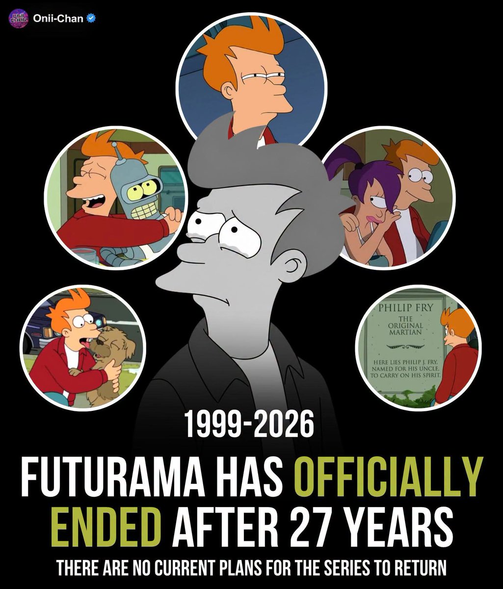 oniichanph's tweet photo. After 27 years, Futurama has officially ended... again 🥲

The beloved sci-fi comedy has officially wrapped its latest regular season run on Hulu, once again leaving Fry, Leela, Bender and the Planet Express crew without another standard season currently announced.

The Season 14 finale was even written with the possibility that it could serve as another ending for the series.

But in true Futurama fashion, this still isn’t quite goodbye.
Hulu has already greenlit three supersized specials, with the first set to be a Christmas-themed adventure arriving in 2027.

Rather than another batch of regular episodes, the creators are experimenting with longer, movie-like stories.

Canceled. Revived. Ended. Revived again.

At this point, coming back from the dead might be Futurama’s longest-running joke. 😅