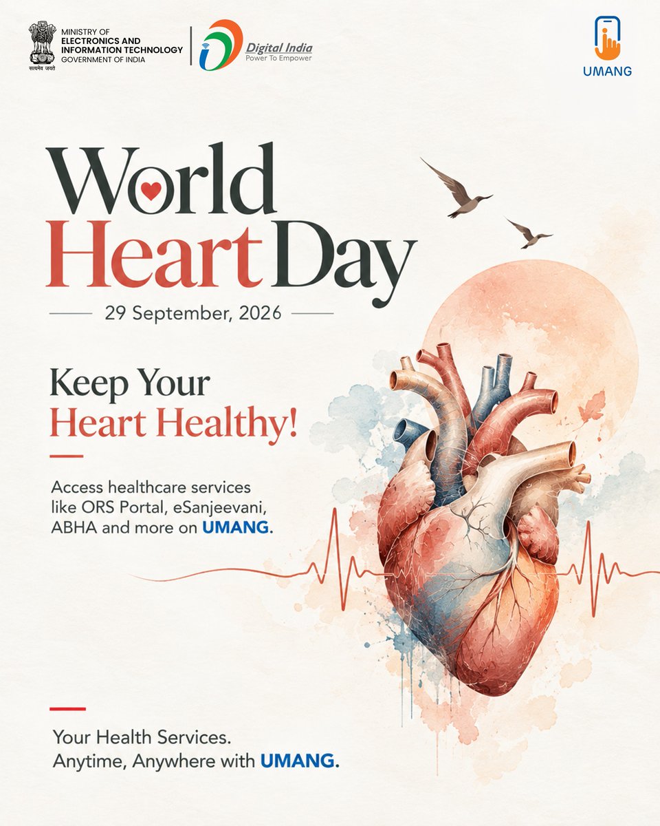 UmangOfficial_'s tweet photo. ❤️ Keep your heart healthy with UMANG!

Access healthcare services like ORS Portal, eSanjeevani, ABHA and more—all in one app.

Your Health Services. Anytime, Anywhere with UMANG.

#WorldHeartDay #UMANG #HealthyHeart #DigitalIndia #HeartHealth https://t.co/H3SR3StBE8