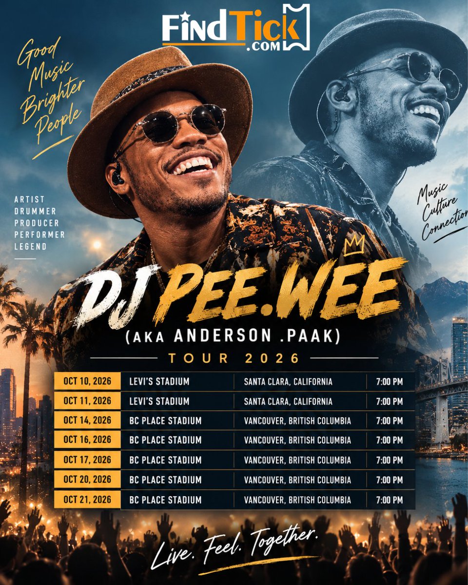 Findtickoffical's tweet photo. @AndersoPaak  – Tour 2026 🎧🔥
⠀
Funk, soul, hip-hop, vinyl grooves, and infectious DJ energy come together live in 2026.
⠀
🎟️ Find your tickets with FindTick.
https://t.co/H6qLdO467i
⠀
#djpeewee #djset #livemusic #findtick https://t.co/vym0UlTHpU