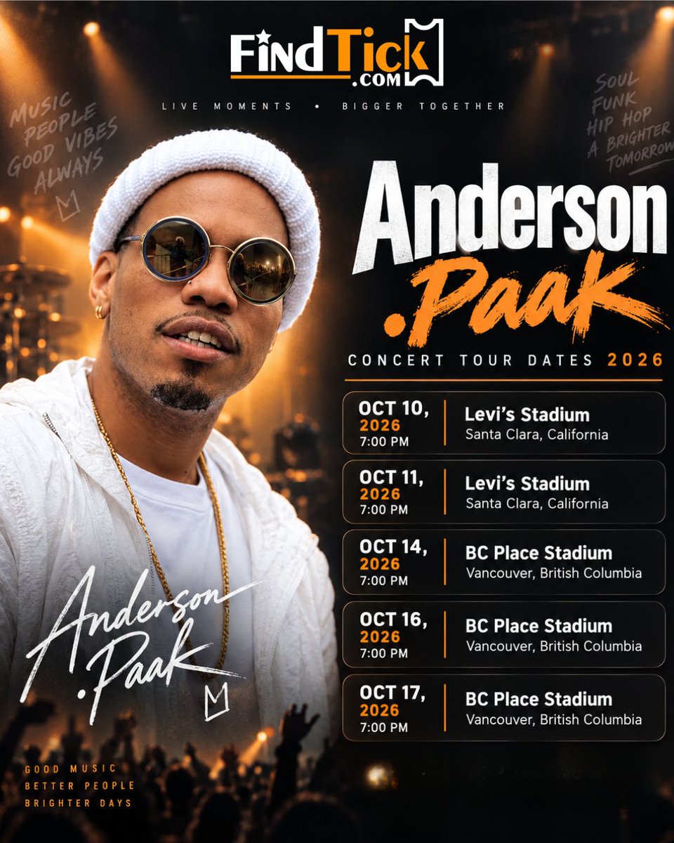Findtickoffical's tweet photo. @iamandersonpaak  – Tour 2026 🥁🔥
⠀
Soulful vocals, hip-hop, funk grooves, live drums, and magnetic stage energy return in 2026.
⠀
🎟️ Find your tickets with FindTick.
https://t.co/mVWGlfKGBa
⠀
#andersonpaak #funkmusic #liveconcert #findtick https://t.co/ESL8IwqLBs