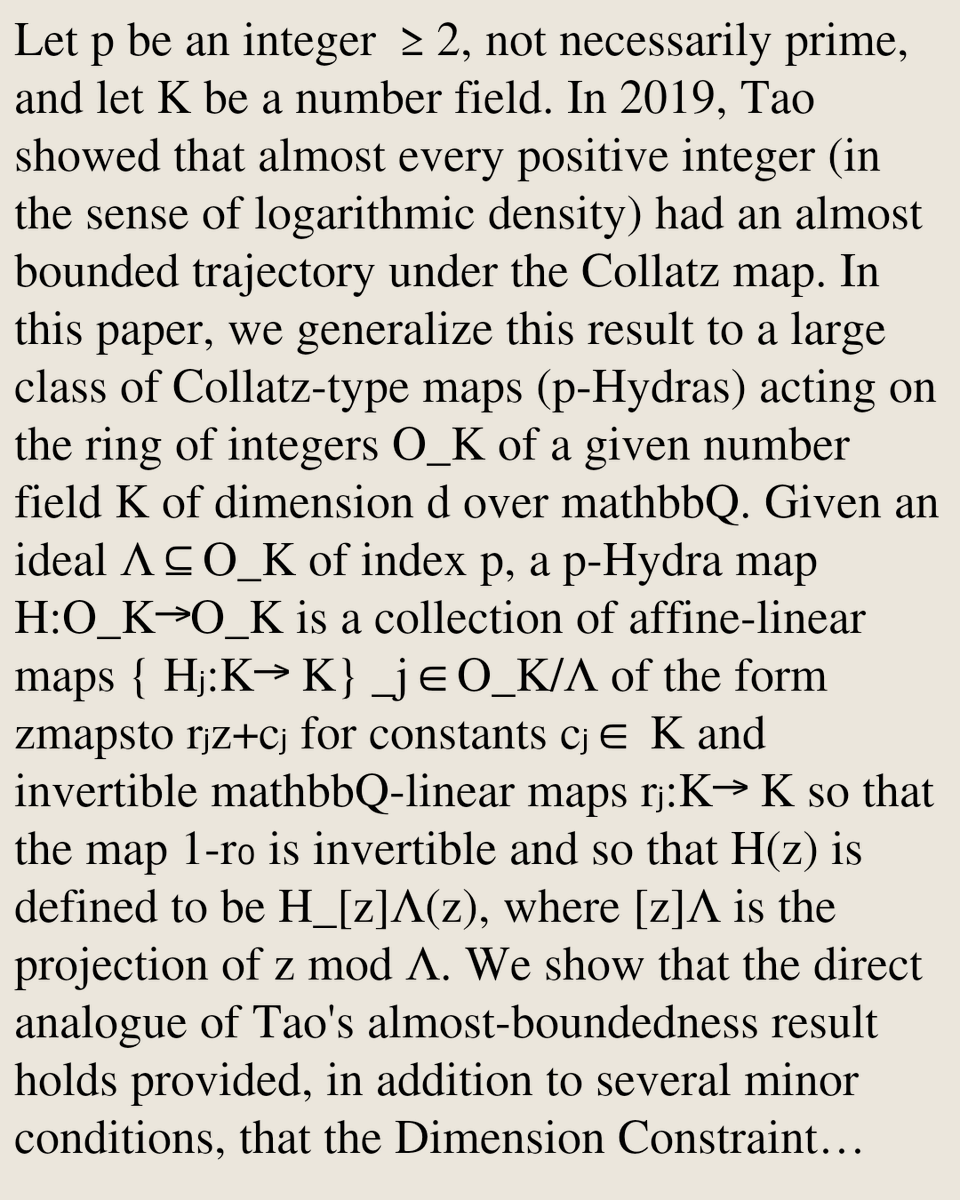 MathPaper's tweet photo. Almost-Boundedness of Collatz-Type Maps on Number Rings via Archimedean Methods

Maxwell Siegel, Rory O'Dwyer
https://t.co/Xj1oZEAX7O [𝚖𝚊𝚝𝚑.𝙶𝙼] https://t.co/ZvZnqBNhfJ