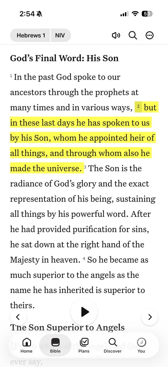 UltraJulito's tweet photo. @BTalk712 John 1:1 isn’t saying Jesus is Son of God. “The Word Was God” meaning the words Jesus spoke and what he taught were Yahweh’s words and teachings. Hebrews 1:2 (See Pic). John 10:30 Jesus and Yahweh are one just like Jesus and the 12 Disciples are one. In Union with each other. https://t.co/E6bRZ0vK1O