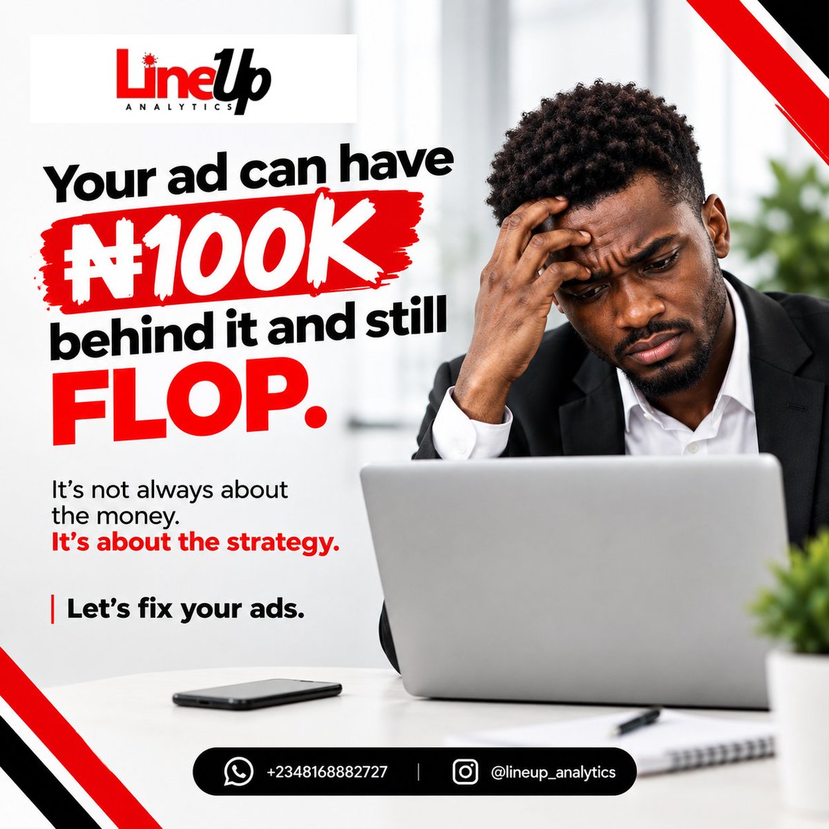 lineupanalytics's tweet photo. Budget isn't the only thing that determines performance.
Your creative, offer, audience, targeting and campaign strategy matter too.
We help businesses create and run campaigns with a strategy behind them.
Ready to advertise properly? https://t.co/cgdhg2nvJU