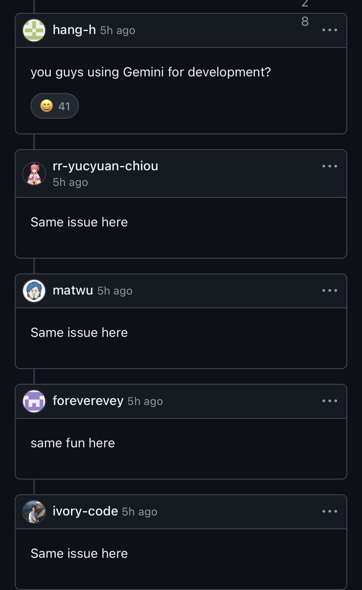 GergelyOrosz's tweet photo. The GitHub issue tracker is begging Google to roll back the breaking, server-side change.

I’m asking: how did it make it into prod, without validation, to start with??

Someone else asking: was this Gemini 🙃 https://t.co/mTjleiW61K