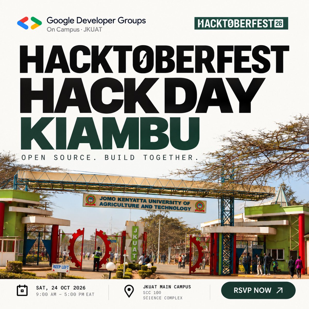 gdgcampusJKUAT's tweet photo. Hacktoberfest Hack Day Kiambu x GDG on Campus JKUAT
We’re bringing students & developers together at JKUAT for a hands-on open source Hack Day.
📅 24 Oct 2026
📍 JKUAT
🎟️ RSVP: https://t.co/i2yZUlVrB3
#Hacktoberfest #OpenSource #MLH https://t.co/jx8x9aOClP