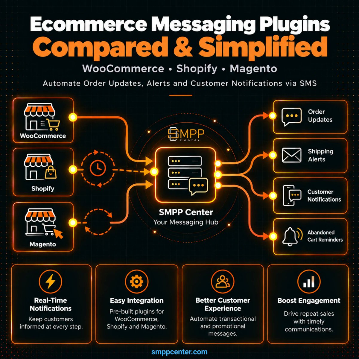 SMPPCenter's tweet photo. WooCommerce, Shopify &amp; Magento 2 store alerts look alike until triggers differ: WP hooks (instant), Shopify webhooks (near-real-time), Magento polls ~1 min. Shopify is a reseller app.

https://t.co/BGFStkaBSZ

#WooCommerce #Shopify #Magento2 #SMS #IndiaEcommerce https://t.co/k88QlCkIM7