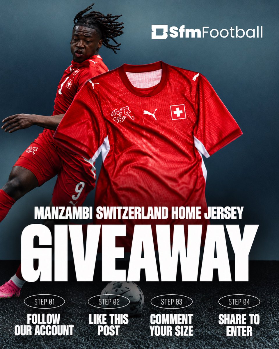sfm_football's tweet photo. 🚨𝐂𝐎𝐍𝐂𝐎𝐔𝐑𝐒 - 𝐆𝐈𝐕𝐄𝐀𝐖𝐀𝐘🇨🇭

La Nati est lancée en Ligue des Nations ! Quatre rencontres au programme, une première victoire déjà en poche et un maillot à gagner pour vous accompagner durant cette trêve internationale !

Pour l'occasion, 𝐒𝐅𝐌 vous offre un maillot domicile de l'équipe de Suisse floqué 𝐉𝐎𝐇𝐀𝐍 𝐌𝐀𝐍𝐙𝐀𝐌𝐁𝐈 ! 🤩

🎁 𝗖𝗢𝗠𝗠𝗘𝗡𝗧 𝗣𝗔𝗥𝗧𝗜𝗖𝗜𝗣𝗘𝗥 ?
📲 Abonne-toi à @sfm_football 
❤️ Like cette publication.
💬 Indique ta taille en commentaire.
🔄 Partage cette tweet en identifiant @sfm_football 

📅 Fin du concours : 6 octobre 2026 à 20h45 (heure suisse).
🏆 Tirage au sort : 7 octobre 2026.
🌍 Concours ouvert au monde entier. Livraison internationale offerte.

Bonne chance à toutes et à tous ! 🍀
𝐇𝐎𝐏 𝐒𝐔𝐈𝐒𝐒𝐄!🇨🇭❤️

#SFMFootball #Nati #Manzambi #Giveaway #LigueDesNations

📋 𝗥𝗘̀𝗚𝗟𝗘𝗠𝗘𝗡𝗧 𝗗𝗨 𝗖𝗢𝗡𝗖𝗢𝗨𝗥𝗦
Le concours est organisé par SFM Football et ouvert à tous, sans restriction géographique. Un seul maillot est mis en jeu sur l'ensemble de nos plateformes : Instagram, Facebook, X et TikTok.

Les participations sont acceptées jusqu'au 6 octobre 2026 à 20h45 (heure suisse). Un tirage au sort aléatoire sera effectué le 7 octobre parmi l'ensemble des participations valides.

Le gagnant sera contacté par message privé sur la plateforme de sa participation et disposera de 72 heures pour répondre. Sans réponse, un nouveau tirage au sort sera effectué.

Le concours n'est ni organisé, ni sponsorisé, ni administré par Instagram, Facebook, X ou TikTok.