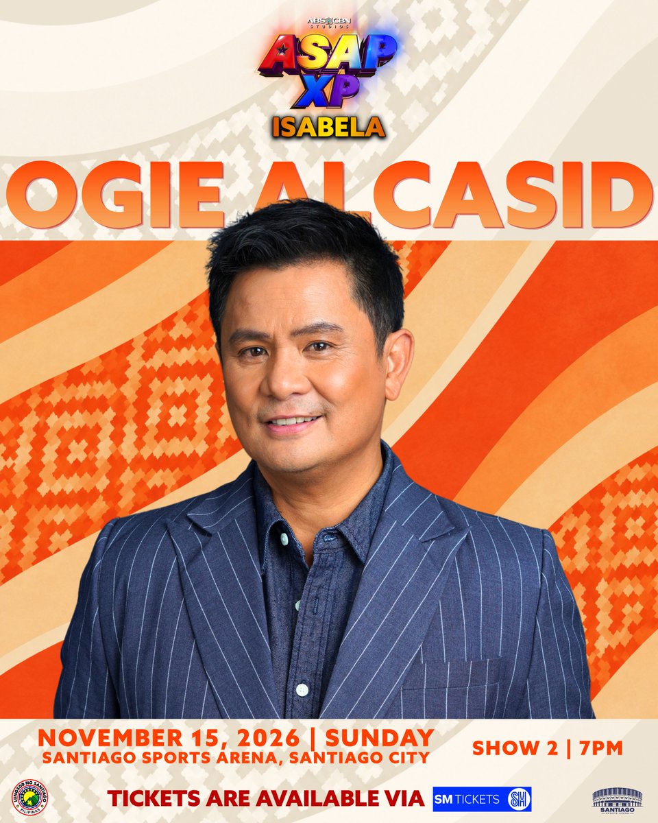 ASAPOfficial's tweet photo. OA na ang excitement for ASAP XP Isabela! 😎

Magle-level up pa dahil LIVE niyo ring mapapanood ang nag-iisang Chief of OPM! OGIE ALCASID is officially part of the hottest concert party in Santiago City! 🥳

Enjoy singing along to Ogie’s classic songs kaya wag na magpahuli! Get your tickets via SM Tickets now!

https://t.co/hsrdhfobi1

#ASAPXP #ASAPXPIsabela