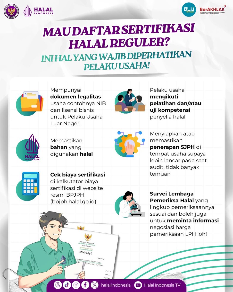 halalindonesia_'s tweet photo. Mau daftar Sertifikasi Halal Reguler?
Simak hal-hal yang perlu diperhatikan agar proses sertifikasi halal berjalan lebih lancar.
#BPJPH #HalalIndonesia #SertifikasiHalal #WajibHalalOktober2026 #YangPentingHalal https://t.co/soDlUf6jV0