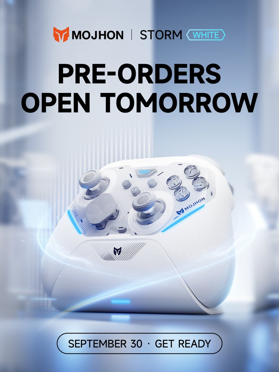 BIGBIG_WON's tweet photo. Tomorrow. 🤍

The MOJHON STORM White Edition opens for pre-order on September 30.

Clean White. Sharp Performance.

Get ready. 👀
#MOJHON #STORM #bigbigwon #WhiteEdition #GamingController https://t.co/3bpJcEk6jl