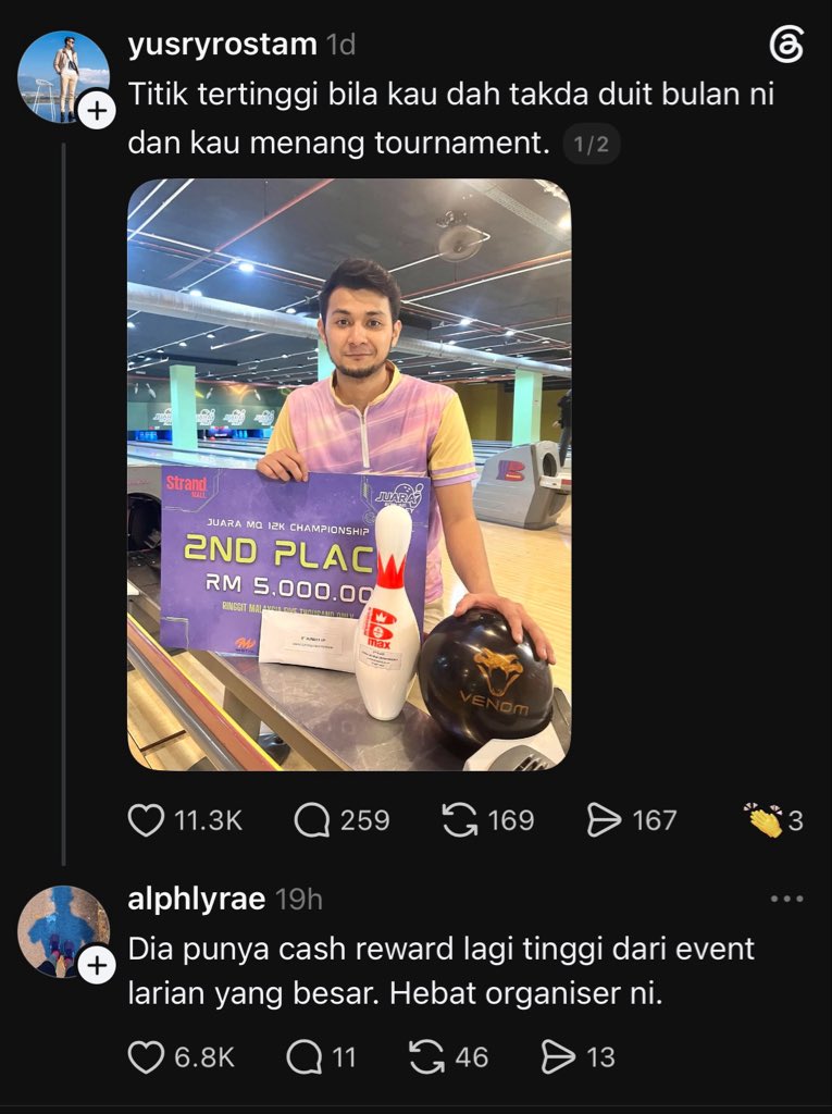 kamaghul's tweet photo. 2nd place main bowling pun boleh dapat RM5k. Kalau event lari kat luar tu mana mahu dapat macamni 🤔 https://t.co/dlbcS6zSPi