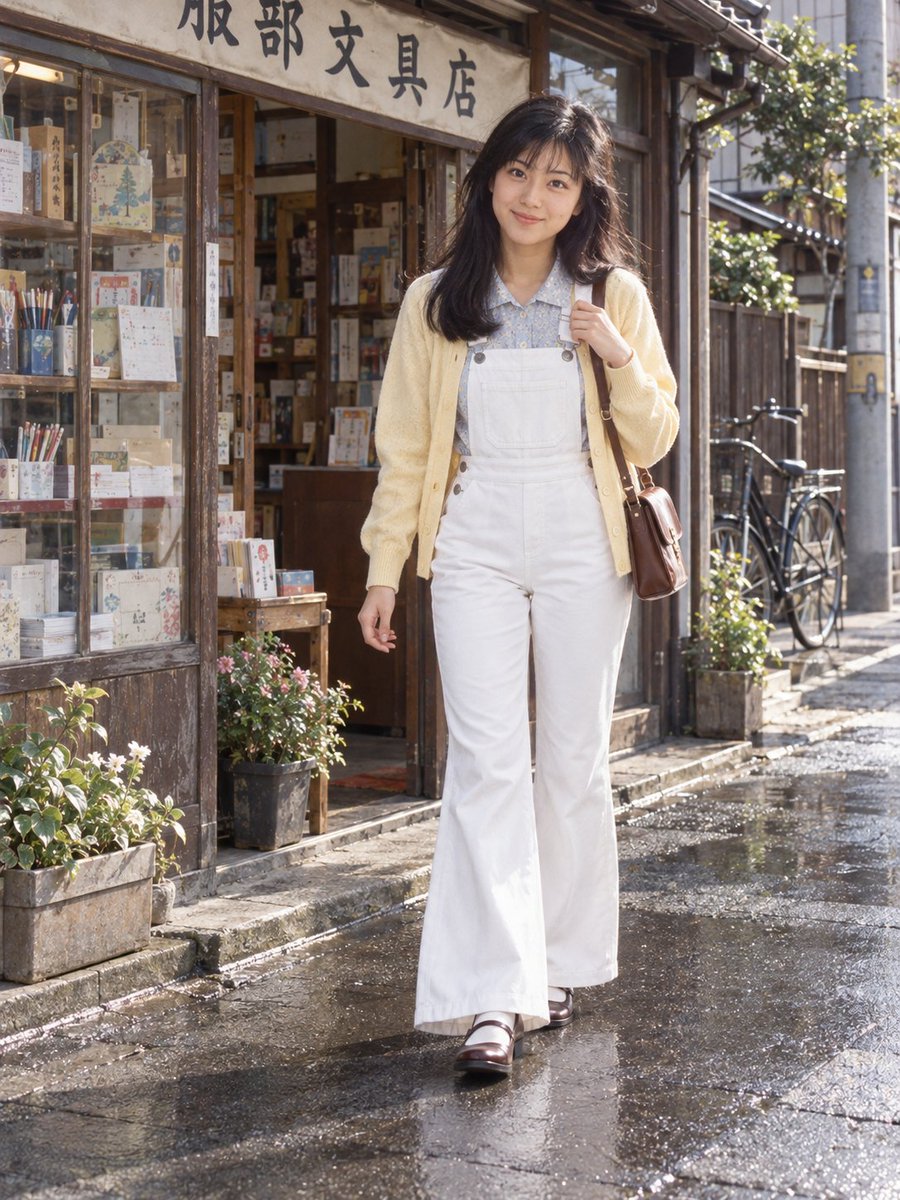 kittymomo661's tweet photo. 『服部綾子の365日：20歳のサロペット日記』

1974年（昭和49年）4月1日（月曜日）
天気：一時雨。風が強く、夜は雨なし。9.9〜21.6℃。
朝、家の文房具店を出るとき、父に呼ばれて振り返る。

レコード店では、レコードを一枚ずつ棚に戻して整理する。

休憩時間には店のそばのベンチに座り、パンを食べながら少し日なたぼっこをする。

夕食のあと、母と一緒に端切れの箱をひっくり返して、気に入った青と白のチェック柄の布を見つける。

綾子の日記

今日は白いオーバーオールに、薄い水色の小花柄のブラウスを合わせた。

家を出るとき、お父さんに呼び止められたので、何か忘れ物でもしたのかと思って振り返ったら、カメラを持っていた。

お店はいつもとあまり変わらなかった。レコードを整理していたら、いつの間にか休憩の時間になっていた。パンを持って外に出て、しばらく座っていた。お日さまが当たって気持ちよかったけれど、風がしょっちゅう髪を顔に吹きつけてきて、食べるのにも落ち着かなかった。

夜はお母さんと端切れの箱を見ていたら、青と白のチェック柄の小さな布を見つけた。とてもきれいな色。でも、ズボンを作るには足りないのが残念。ひとまず大事にしまっておくことにした。いつか何かに使えるかもしれない。

明日はお休み。今夜はもう片面、レコードを聴いてから寝よう。