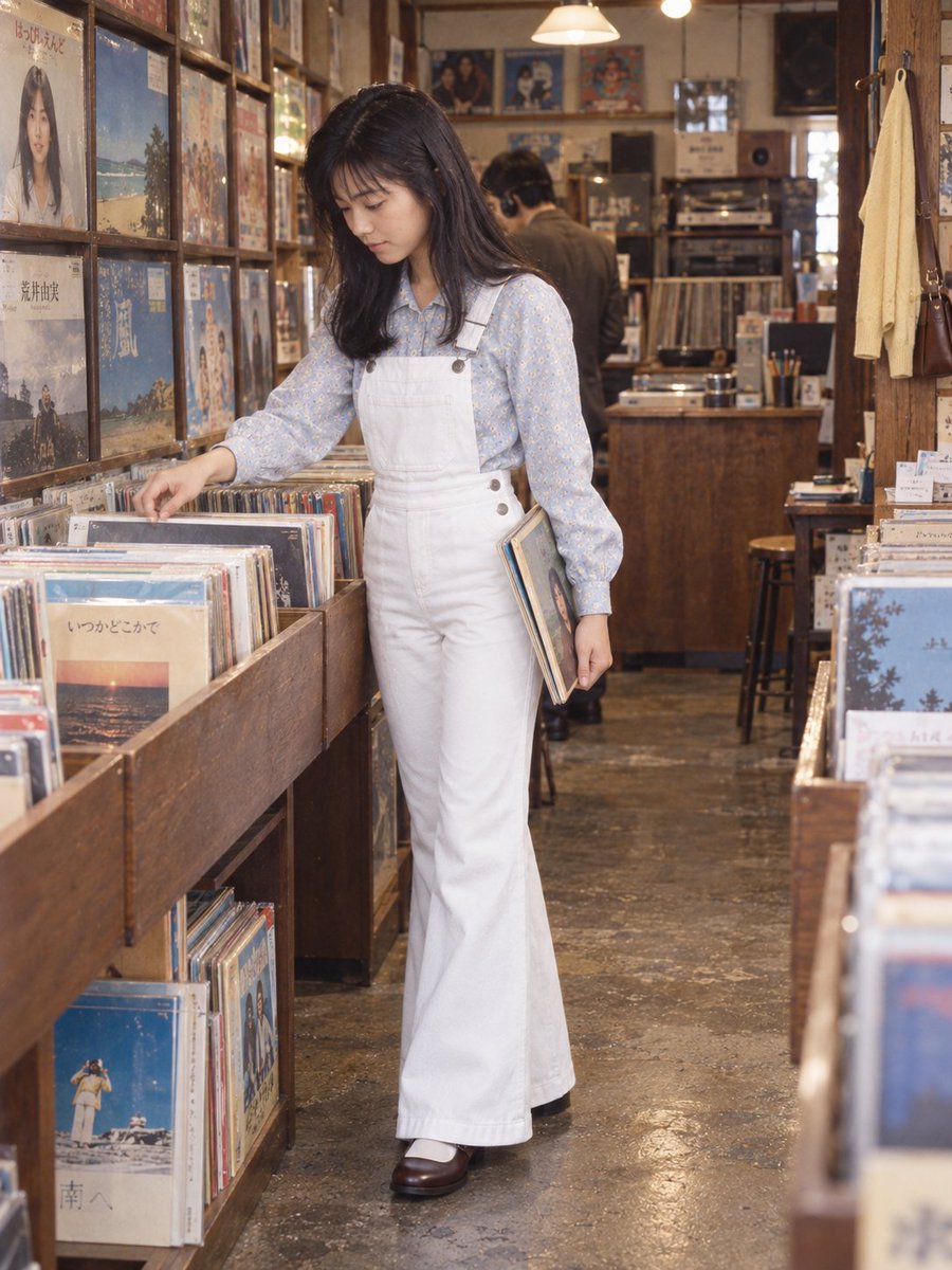 kittymomo661's tweet photo. 『服部綾子の365日：20歳のサロペット日記』

1974年（昭和49年）4月1日（月曜日）
天気：一時雨。風が強く、夜は雨なし。9.9〜21.6℃。
朝、家の文房具店を出るとき、父に呼ばれて振り返る。

レコード店では、レコードを一枚ずつ棚に戻して整理する。

休憩時間には店のそばのベンチに座り、パンを食べながら少し日なたぼっこをする。

夕食のあと、母と一緒に端切れの箱をひっくり返して、気に入った青と白のチェック柄の布を見つける。

綾子の日記

今日は白いオーバーオールに、薄い水色の小花柄のブラウスを合わせた。

家を出るとき、お父さんに呼び止められたので、何か忘れ物でもしたのかと思って振り返ったら、カメラを持っていた。

お店はいつもとあまり変わらなかった。レコードを整理していたら、いつの間にか休憩の時間になっていた。パンを持って外に出て、しばらく座っていた。お日さまが当たって気持ちよかったけれど、風がしょっちゅう髪を顔に吹きつけてきて、食べるのにも落ち着かなかった。

夜はお母さんと端切れの箱を見ていたら、青と白のチェック柄の小さな布を見つけた。とてもきれいな色。でも、ズボンを作るには足りないのが残念。ひとまず大事にしまっておくことにした。いつか何かに使えるかもしれない。

明日はお休み。今夜はもう片面、レコードを聴いてから寝よう。