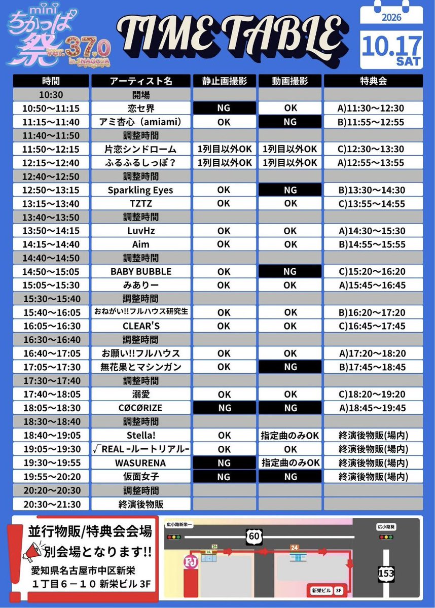 nagoyaclears's tweet photo. 2026 年 10 ⽉ 17 ⽇(⼟)/18 ⽇(⽇)
mini ちかっぱ祭 ver.37.0 in NAGOYA
会場：FJ Theatre
10 ⽉ 17 ⽇(⼟)DAY1
開場 10:30／開演 10:50
10 ⽉ 18 ⽇(⽇)DAY2
開場 10:00／開演 10:20
※詳しくはタイムテーブルにてご確認ください。
前売りチケットは
DAY1[前売り⼊場チケット]9 ⽉ 29 ⽇(⽕)20:00〜販売開始!!(先着順)
🎫https://t.co/VZFelGIyOv
DAY2[前売り⼊場チケット]9 ⽉ 29 ⽇(⽕)20:30〜販売開始!!(先着順)
🎫https://t.co/ok6hjbbQSl
先着順となります💦
⼊場料：
前売り⼊場券(スタンディング)：各⽇ 3,000 円(当⽇ 1 ドリンク 600 円別途必要)
※開場時の⼊場は予約番号順にて整列頂き、⼊場頂きます
※再⼊場可
※当⽇券の販売は状況によりご案内となります
#クリアーズ