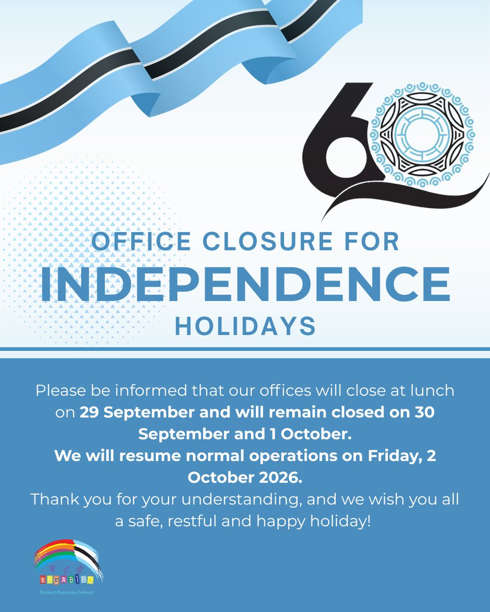 legabiboadvo's tweet photo. ๐ขNOTICE | OFFICE CLOSURE
Our offices will close at lunch today, 29 Sept., and remain closed on 30 Sept. & 1 Oct.
We resume normal operations on 2 Oct. Wishing everyone a safe, joyful & restful holiday! ๐ง๐ผโจ
#LEGABIBO #OfficeNotice #Bots60 #Boipuso https://t.co/4cwlbOv32j