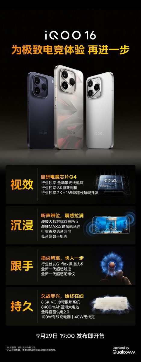 Andybitts's tweet photo. BUILT FOR THE WIN. ⚡🎮
iQOO 16 takes gaming to the next level with Q4 Gaming Chip, 2K 165Hz, Q-Flex touch, massive battery &amp; flagship cooling.
Monster performance. No compromises. 🔥

#iQOO16 #PowerToWin #GamingSmartphone #iQOO #Tech https://t.co/b32yeWPMHs