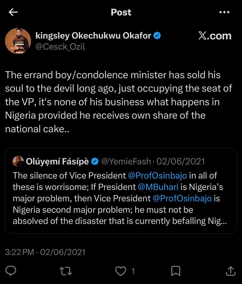Letter_to_Jack's tweet photo. The same Osinbajo you claimed had sold his soul to the devil? 

This trick expired in 2023. Nobody falls for your sanctimonious trickery anymore. 

Btw, the OUK he is talking about is currently representing his people at the 10th Senate. 

He is so bad, yet he beat  challengers in his turf for the Senate post his prison and corruption case. 

But according to this guy, the voting dynamics will only change if he is pitched against Osinbajo. 

Na mumu dey go boutique.