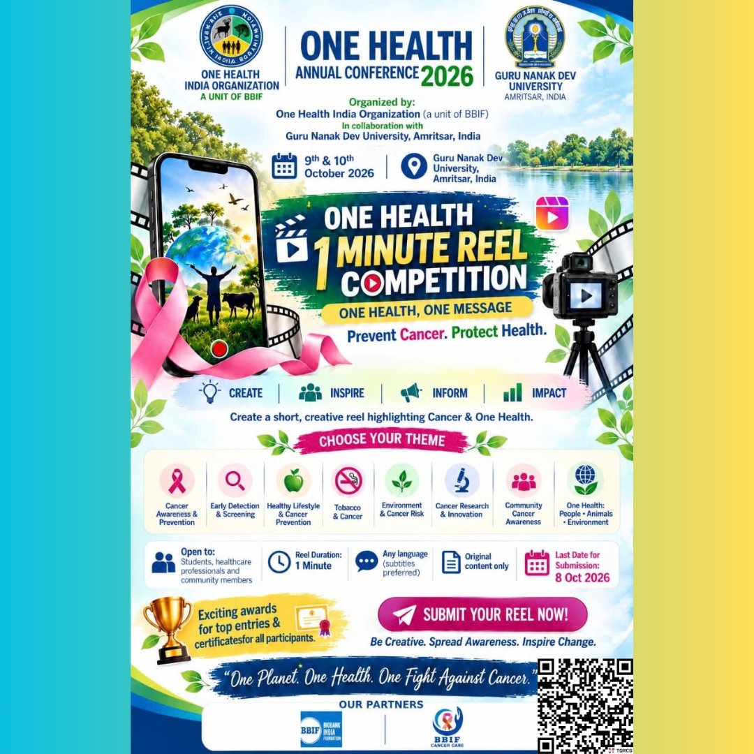 onehealth55's tweet photo. ONE HEALTH 1-MINUTE REEL COMPETITION 2026 | One Health, One Message | Prevent Cancer. Protect Health. Submit now: https://t.co/n1sSj4JVue
#OneHealth2026 #OneHealthAnnualConference #OneMinuteReel #ReelCompetition #CancerAwareness #OneHealth #GNDU #Amritsar https://t.co/av6u5jONCI