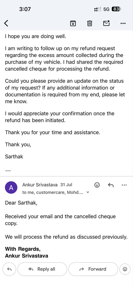 sarthak_009's tweet photo. @TataMotors @TATA_CARS @TataCompanies you have promised to provide a refund of excess amount which was taken by your team by mistake. Still this is not resolved after multiple follow-ups? I really recommend people to don’t go for Tata products as their team is incompetent. Tnx. https://t.co/aNVqvSSrdH