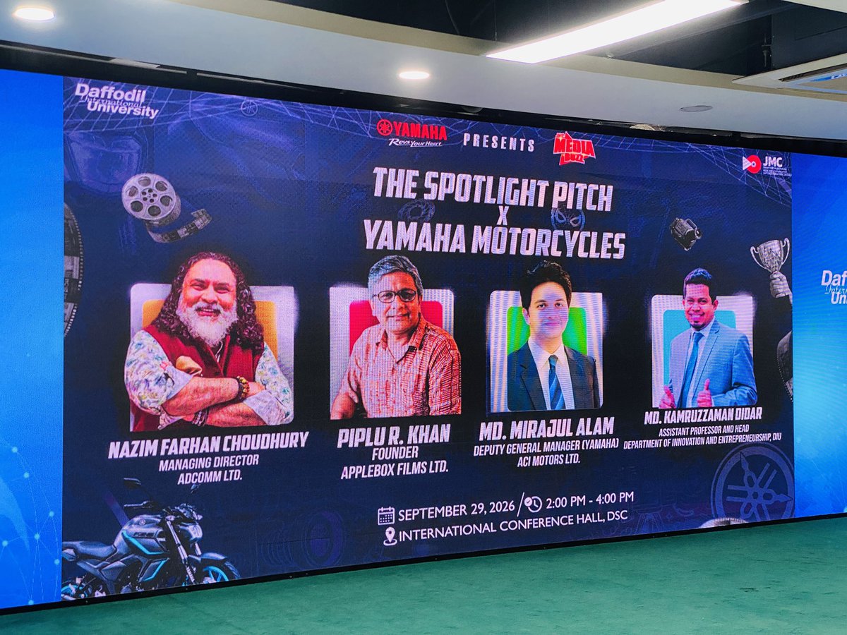 TravelWireX's tweet photo. 📍 Reporting from Media Buzz 2026

The Spotlight Pitch × Yamaha Motorcycles is underway, as participants present their ideas, strategies, and creative solutions before the panel.

#MediaBuzz2026 #SpotlightPitch #Yamaha #DIU #JMC @MoJoJamil https://t.co/2gxb6K0gxL