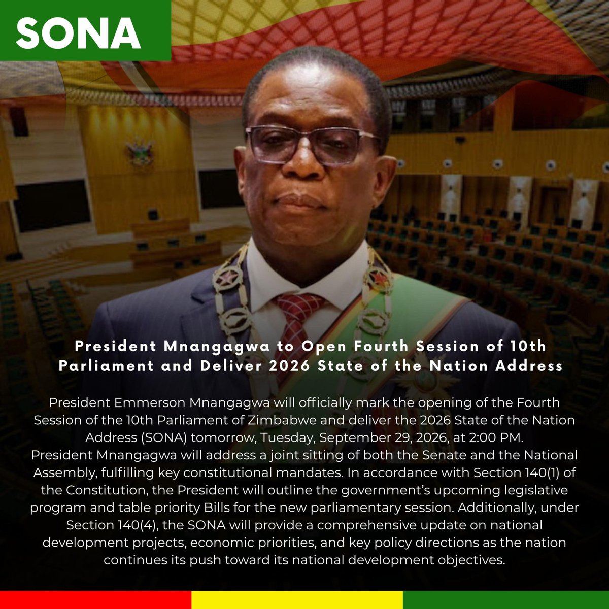 YaserIbraah's tweet photo. The State of the Nation Address provides an important platform to outline Zimbabwe’s economic direction, legislative priorities and development agenda. The focus now is on implementation and measurable outcomes. #ZIMSONA2026 #NDS2 #Vision2030 https://t.co/tBHDfWEjVz