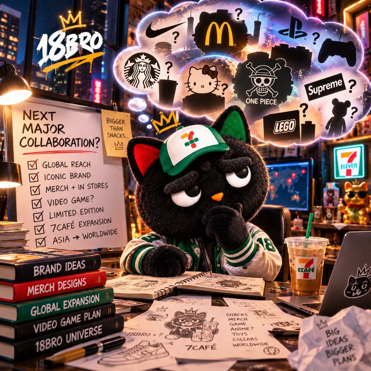 SevenElevenCat's tweet photo. 👀 十八Bro 又諗緊大計… 🐈‍⬛💭

由 7-Eleven、7CAFÉ、周邊商品開始，下一步會去到邊？
👟 潮流？🎮 遊戲？🍔 美食？🧸 玩具？定係一個大家完全估唔到嘅大品牌？😏

十八Bro 嘅世界先啱啱開始。🌎🔥
下一個聯乘，你估會係邊個？

🐈‍⬛👑 BIG IDEAS. BIGGER PLANS.

#十八Bro #18BRO #聯乘 #香港 #7ElevenHK #7CAFÉ #ComingSoon #WhoIsNext