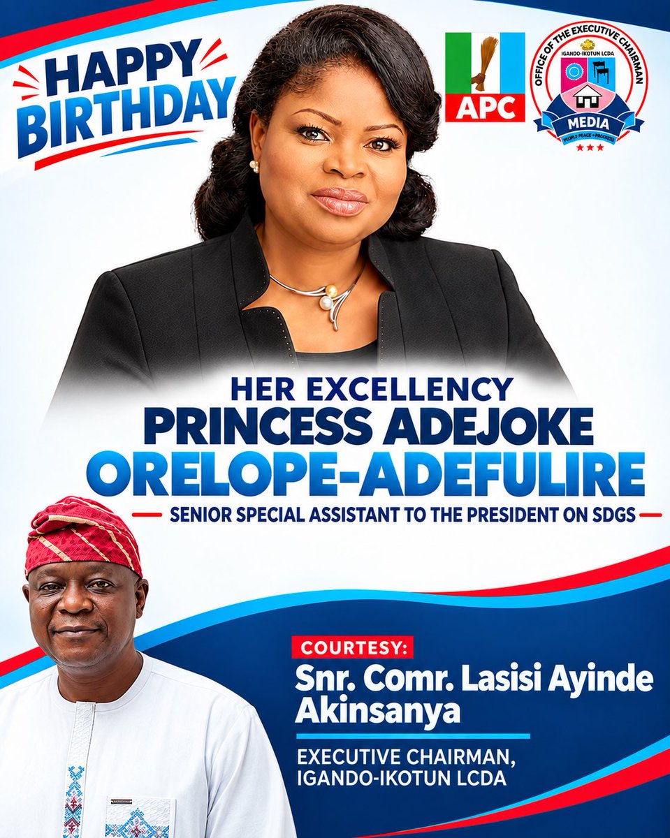 Igandoikotun's tweet photo. On behalf of the Management Team, Executive Members, and the good people of Igando-Ikotun LCDA, I warmly celebrate Her Excellency, Princess Adejoke Orelope-Adefulire,Senior Special Assistant to the President on Sustainable Development Goals (SDGs), on the occasion of her birthday https://t.co/OAaoYBwRe1