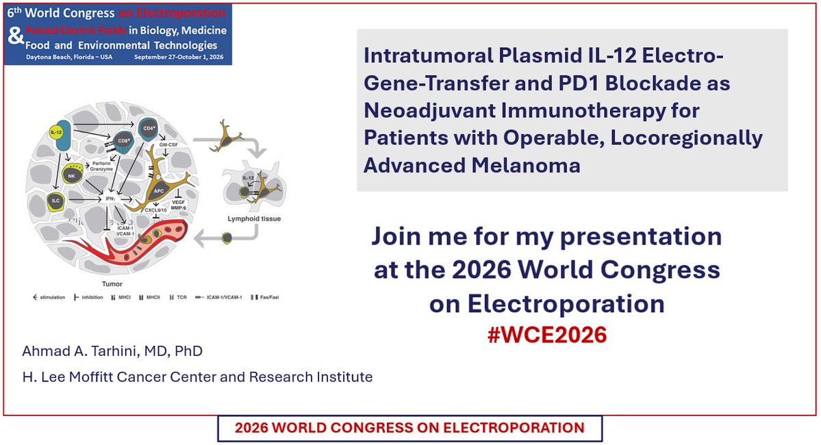 ATarhiniMDPhD's tweet photo. #DaytonaBeach #Florida | Presenting today our work demonstrating potent #immunomodulatory #proinflammatory & clinical impact with #neoadjuvant #IL12 #cytokine delivery via electro-gene transfer & systemic #antiPD1 in advanced #melanoma | @MoffittNews
https://t.co/XpObonTKHe https://t.co/rYl5t24yBW