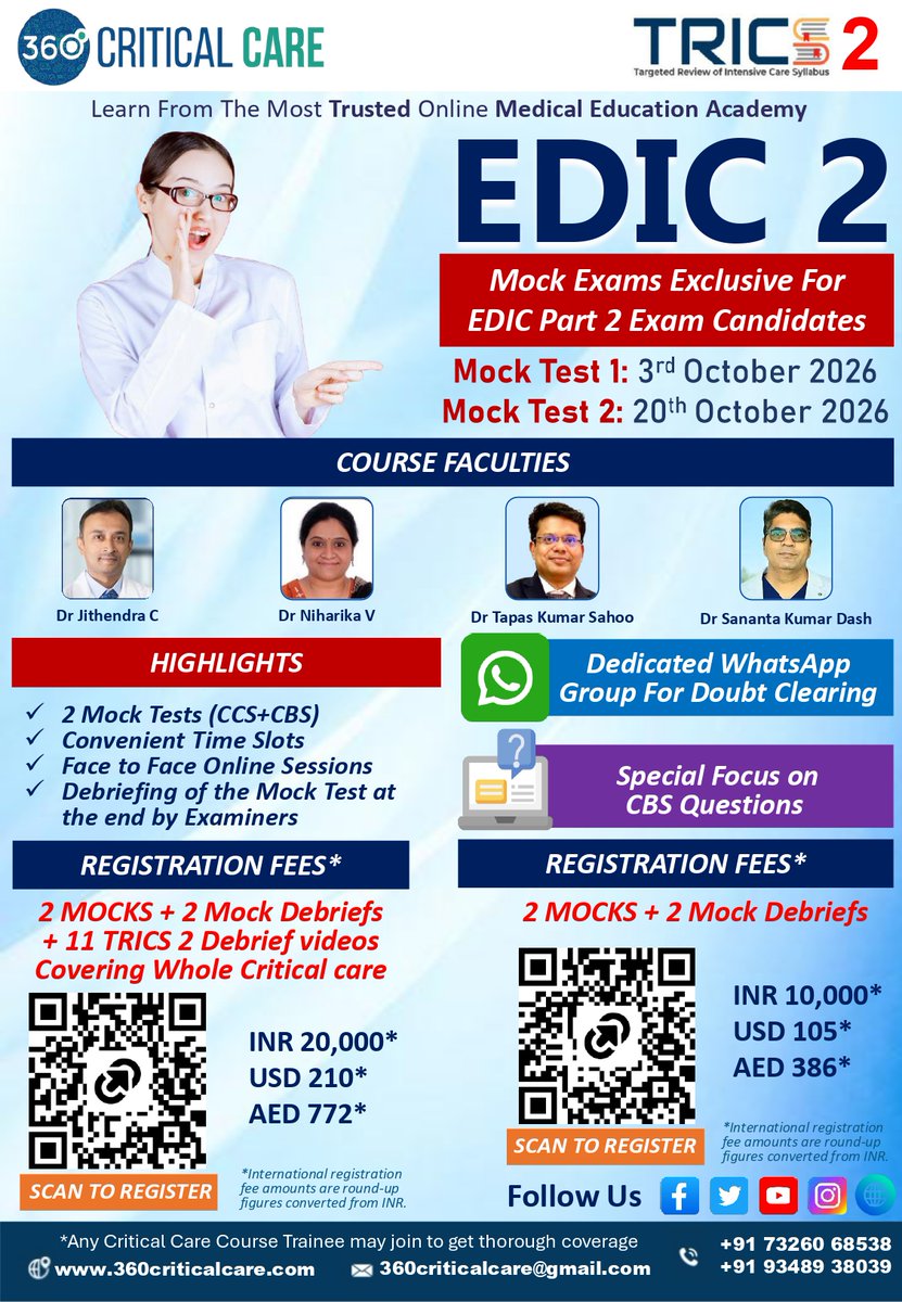 360criticalcare's tweet photo. 🚨 EDIC 2 EXAM – ONLY 3 DAYS LEFT! 🚨

🎯 TRICS 2 Mock Test + Debrief
💰 ₹10,000 | AED 386 | USD 105
🔗 Register: https://t.co/J7btLDRrYf
🔥 Complete Package: Mock Test + Debrief + 11 Videos
💰 ₹20,000 | AED 772 | USD 210
🔗 Register: https://t.co/WH7pQR520u https://t.co/AbaClnEslV