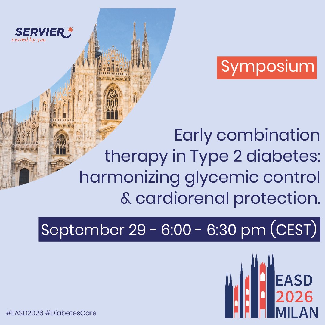 Servier's tweet photo. Attending #EASD2026? Don’t forget to join our symposium “Early combination therapy in Type 2 diabetes: harmonizing glycemic control & cardiorenal protection.” 👇
🗓️ Today at 6:00 - 6:30 pm (CEST)
Find out more at our booth – No. T.02
#T2D #innovation #DiabetesCare @EASDnews
🔗 Read more about our commitments in diabetes 👉 https://t.co/LtYU7jZhsC