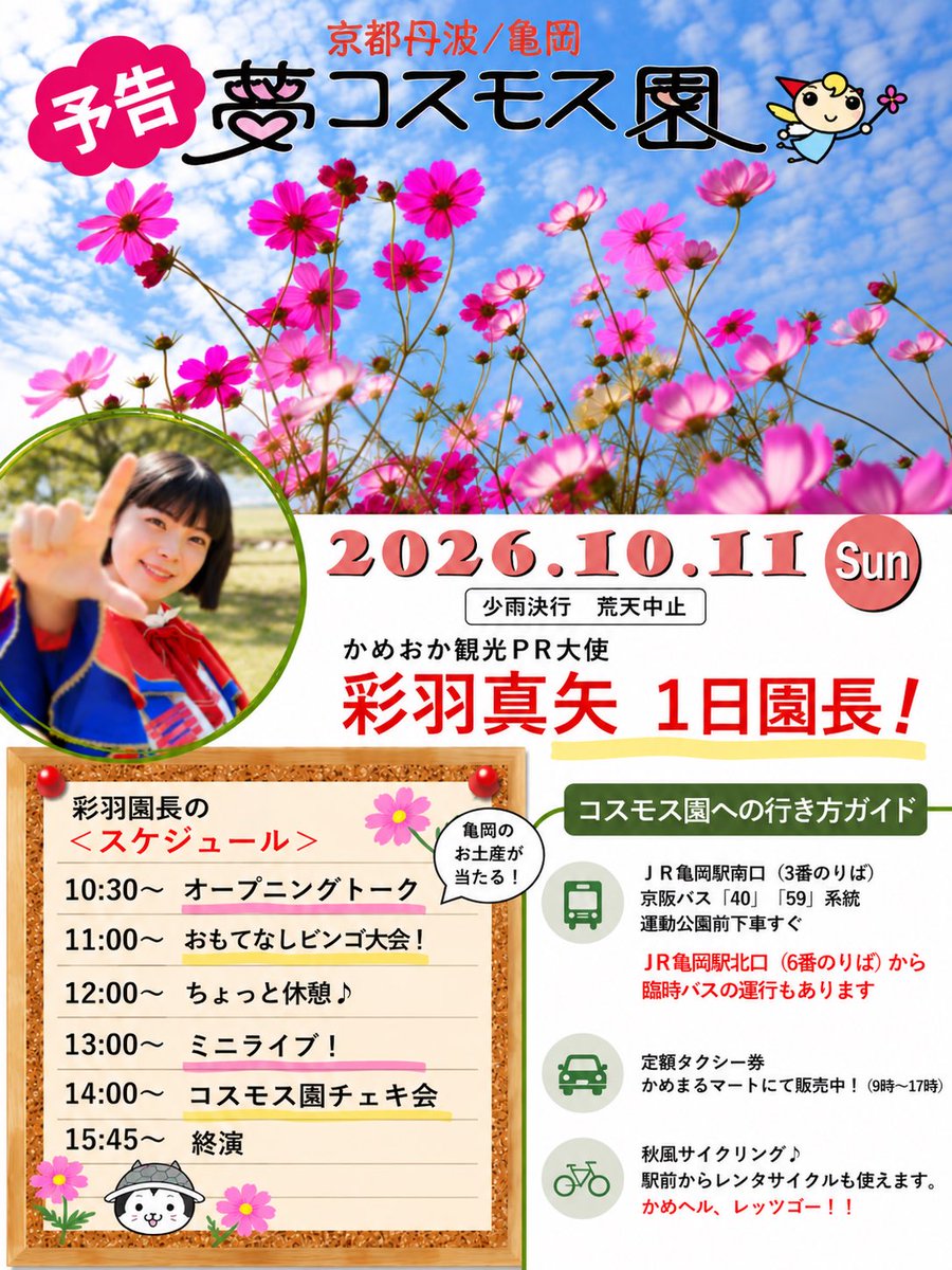 chami444's tweet photo. 【お知らせ📢】

🌸京都丹波／亀岡「夢コスモス園」🌸
今年も1日園長を務めますっ😆✨

📅10月11日(日)
📍夢コスモス園

当日は盛りだくさん❤️
10:30〜 オープニングトーク
11:00〜 おもてなしビンゴ大会！
13:00〜 ミニライブ🎤✨
14:00〜 コスモス園チェキ会📸
15:45〜 終演

一面のコスモスに囲まれて、歌って喋ってチェキも撮って…🌸🥰
秋の亀岡を一緒に満喫しましょー！！

晴れるといいな☀️
みんな遊びに来てねーーっ❤️🌸

#亀岡 #夢コスモス園 #京都丹波 #彩羽真矢 #かめおか観光PR大使