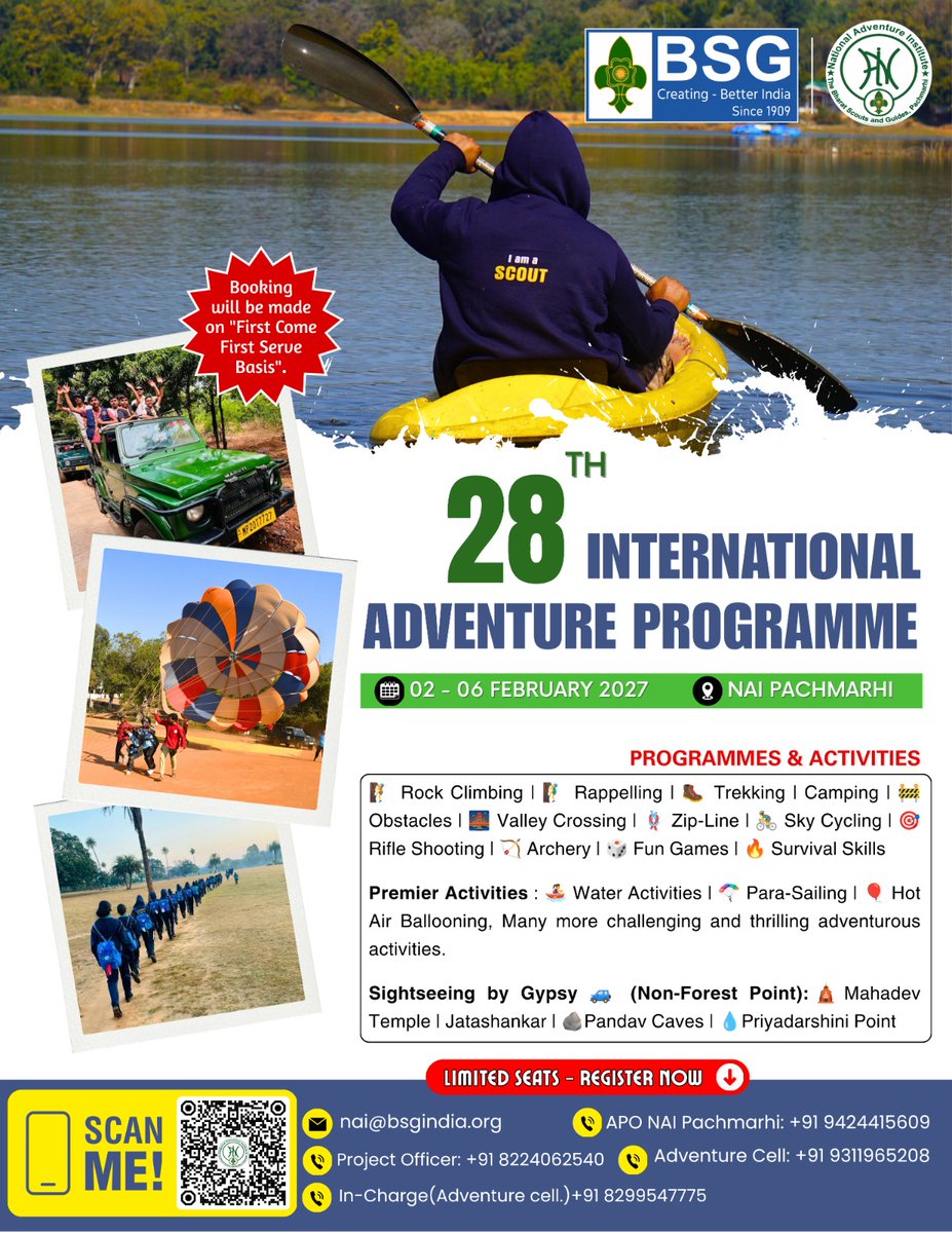 bsgnhq's tweet photo. 🏕️ 28th International Adventure Programme 2027

The National Adventure Institute, Pachmarhi, The Bharat Scouts and Guides, invites participants to the 28th International Adventure Programme.

📅 02–06 February 2027 at Pachmarhi, MP
https://t.co/ZI1KvKHBYQ https://t.co/7HJQBbNtdZ