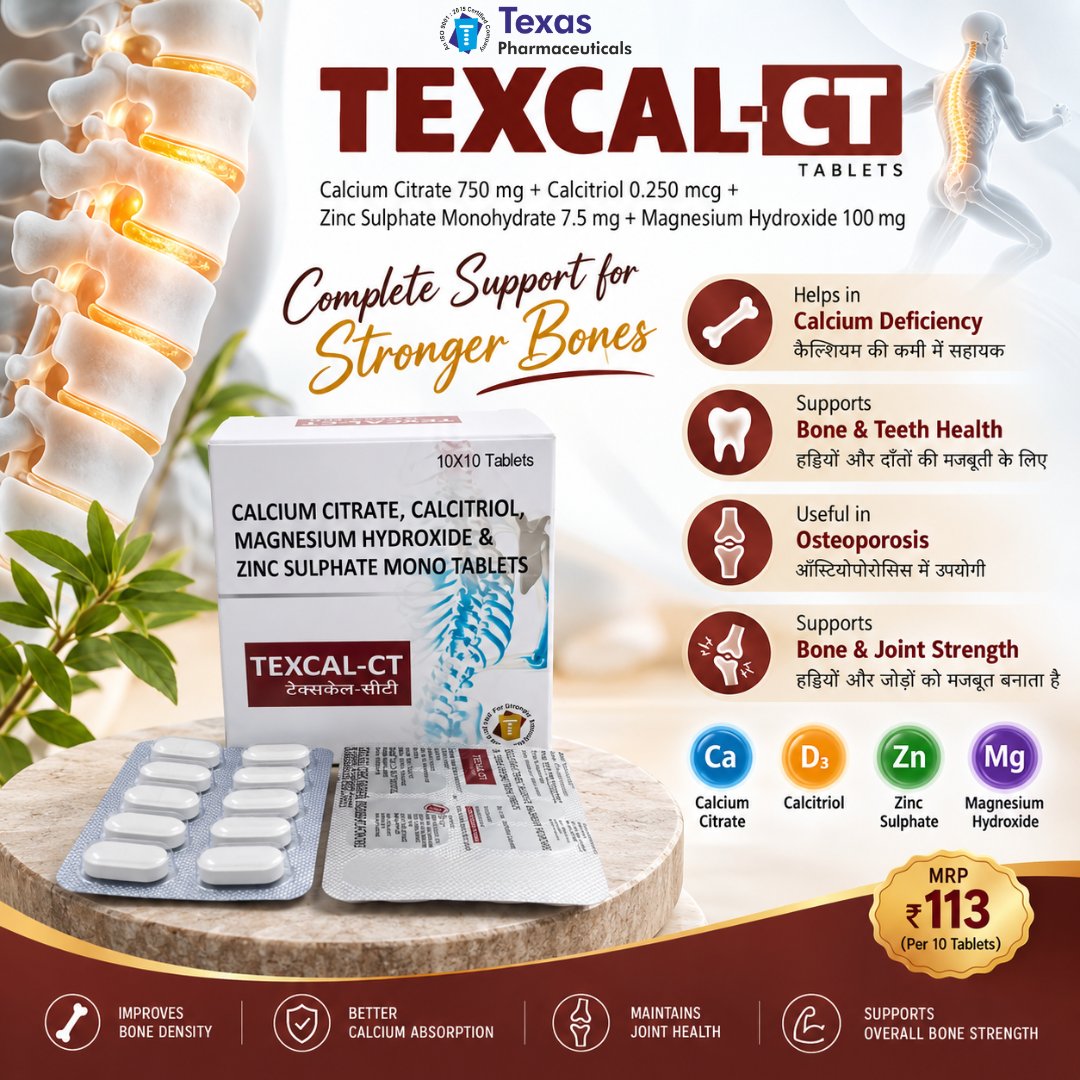 TexasPharmaceu1's tweet photo. π¦΄β¨ Stronger Bones, Stronger You!
π TEXCAL-CT β Complete Support for Stronger Bones
π° MRP: βΉ113
βοΈ Use only as directed by your physician.
#TEXCALCT #BoneHealth #StrongBones #CalciumSupport #CalciumTablets #BoneStrength #HealthyBones #Calcium #Calcitriol #Zinc #Magnesium https://t.co/ODdKRpI9wv