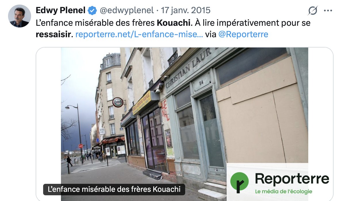 LaurentObertone's tweet photo. En 2015, dix jours après l'attentat contre Charlie Hebdo (12 morts et 11 blessés), Edwy Plenel, alors âgé de 63 ans, invitait les Français à se "ressaisir" en s'apitoyant sur "l'enfance misérable" des frères Kouachi. https://t.co/gcQphESxSU